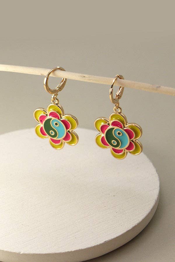 Ying Yang Flower Huggie Earrings