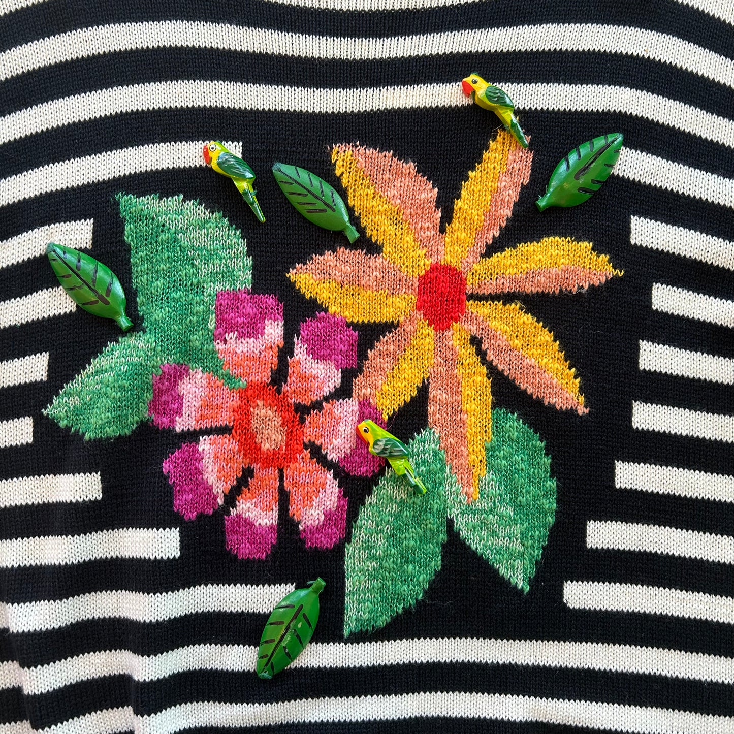 Striped Floral Sweater w/ Wooden Adornments