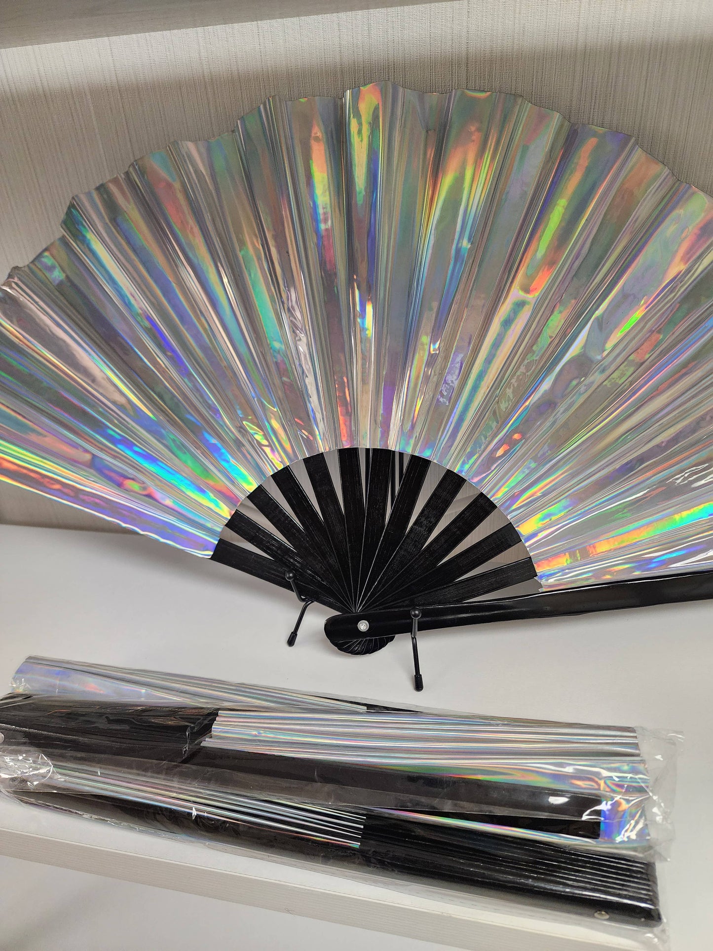 Silver Holo Iridescent Folding Fan