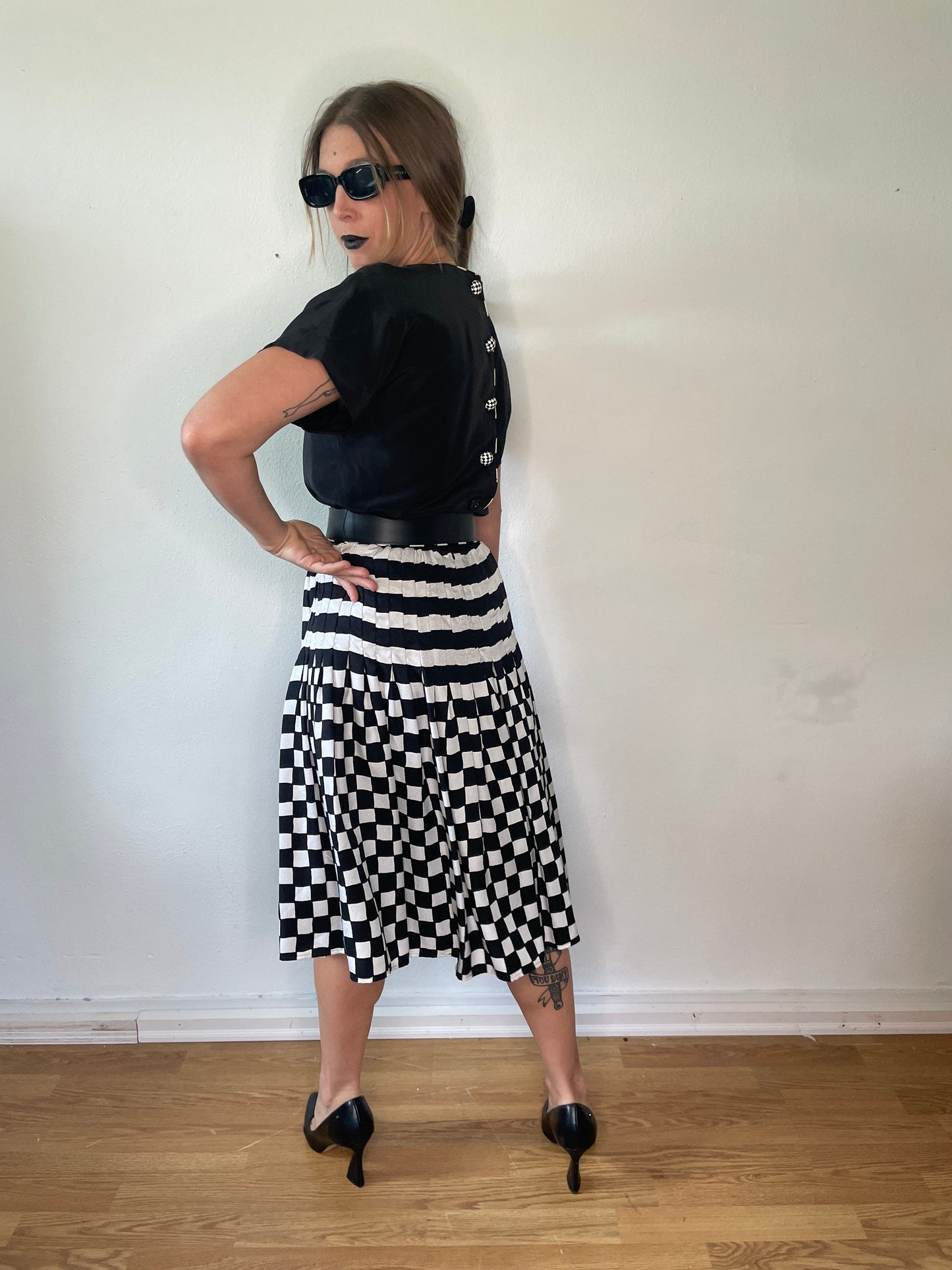 100% Silk Checkered Flag 80s Dress