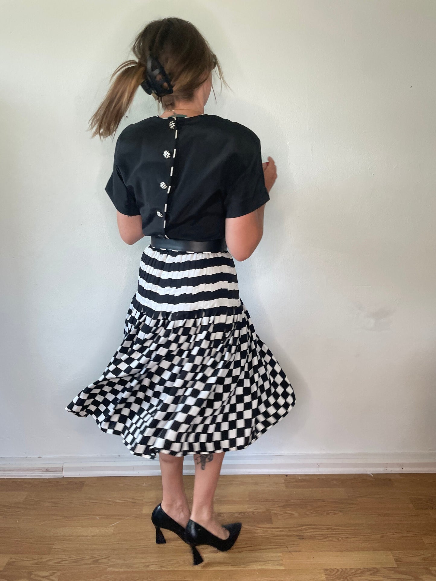100% Silk Checkered Flag 80s Dress