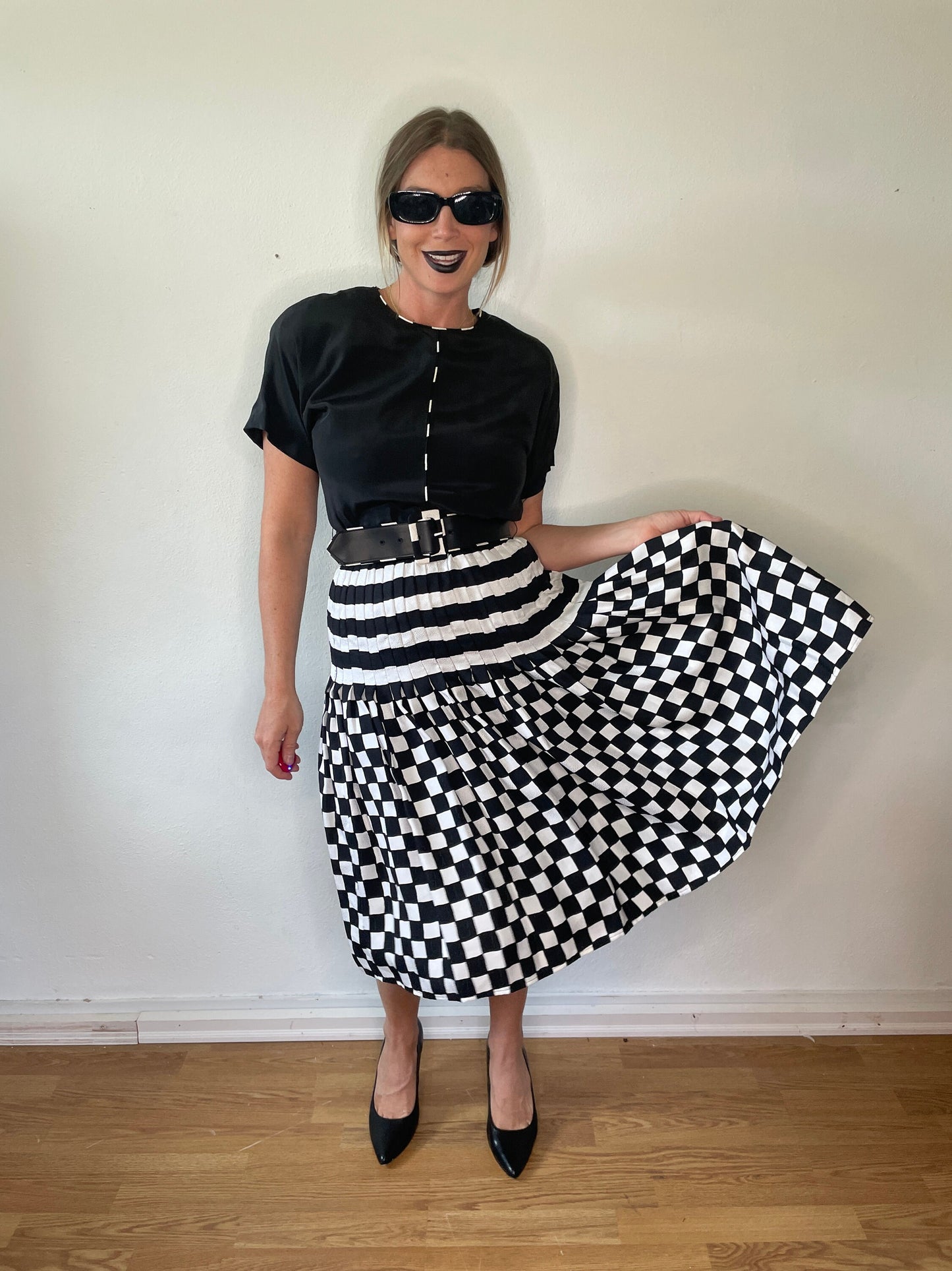 100% Silk Checkered Flag 80s Dress