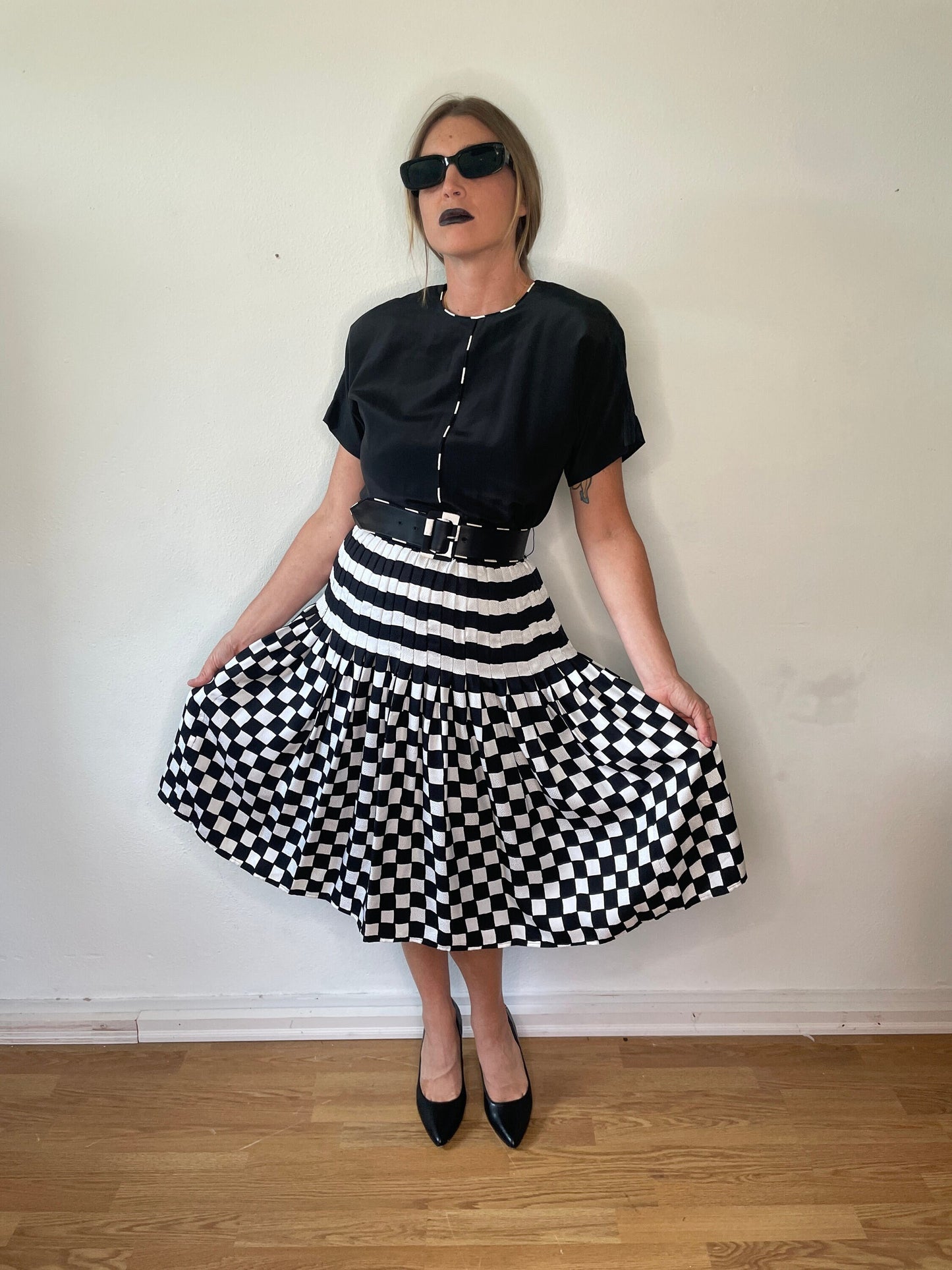 100% Silk Checkered Flag 80s Dress