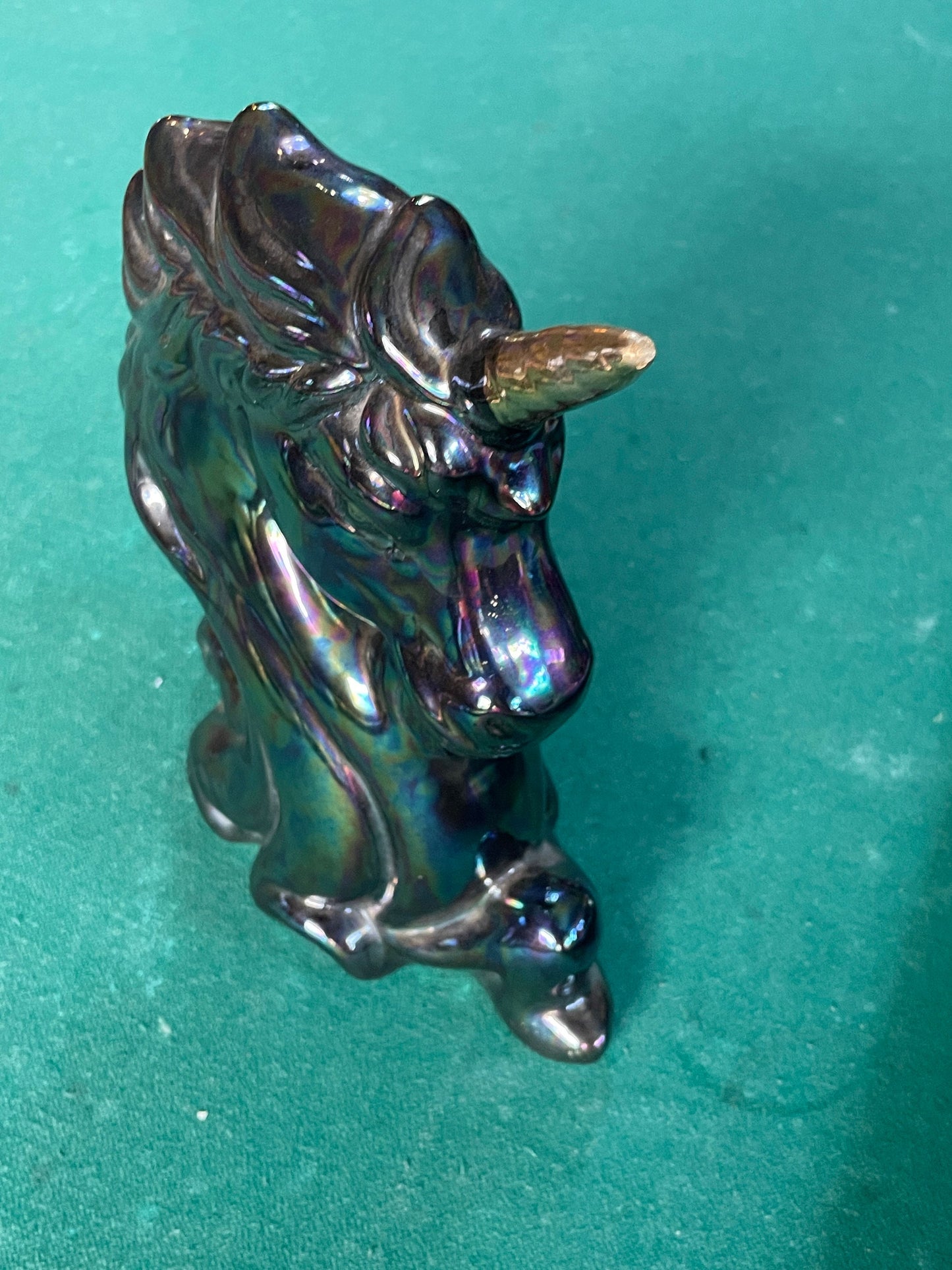 Iridescent Gas Spill Black Unicorn Statue