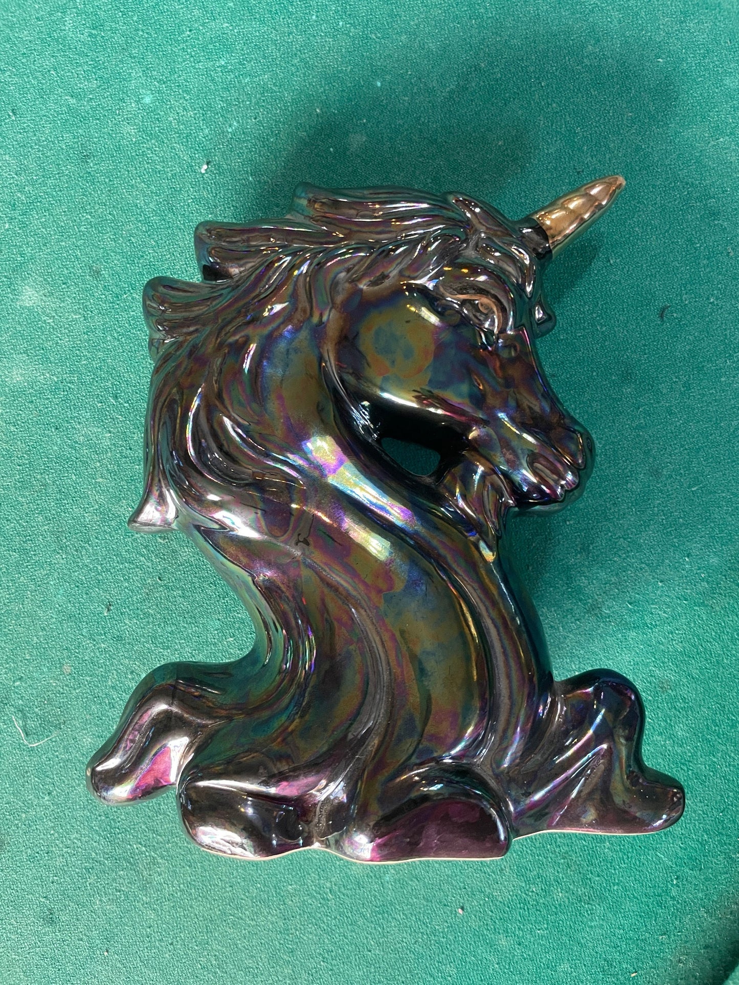 Iridescent Gas Spill Black Unicorn Statue