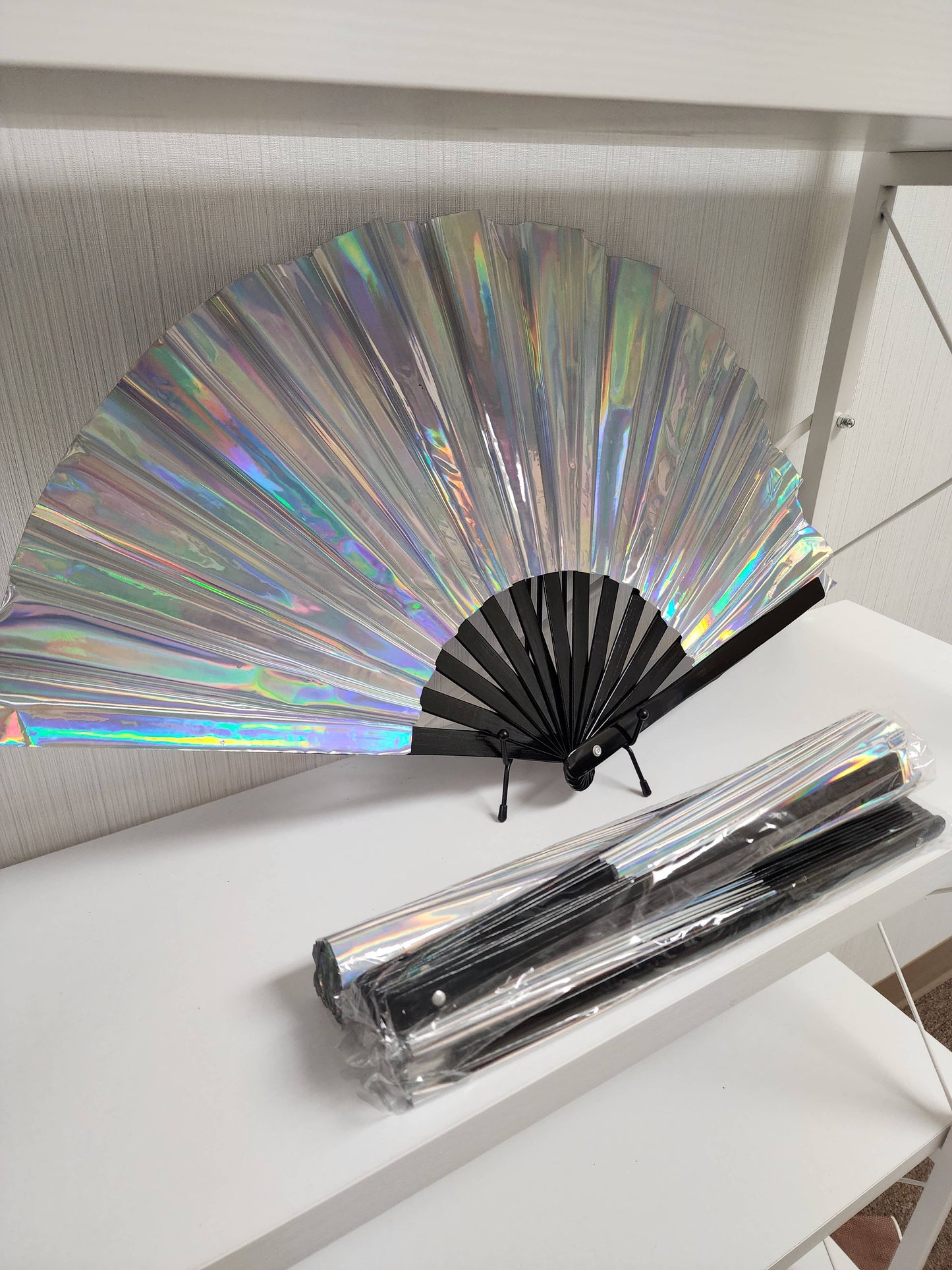 Silver Holo Iridescent Folding Fan