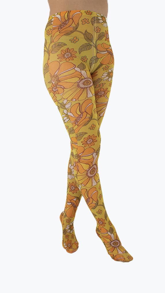 Throwback Floral Printed Tights Mustard