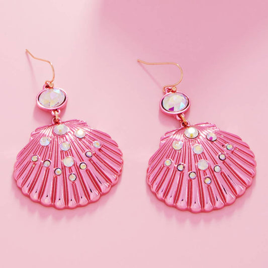 Shell Rhinestone Gem Encrusted Drop Post Earrings