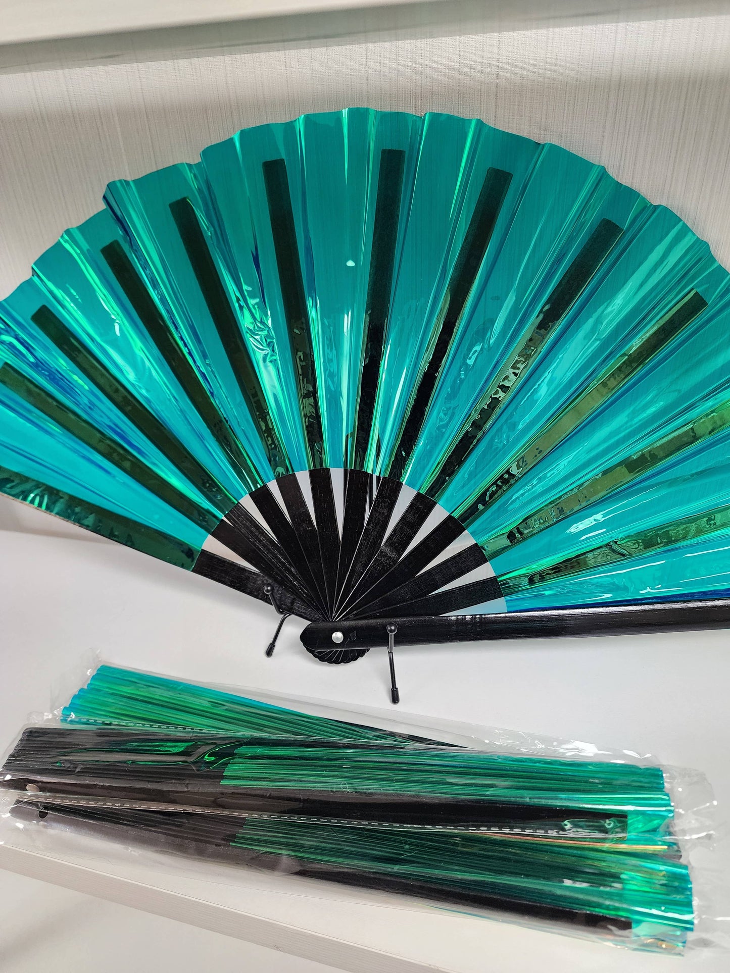 Aqua Holo Iridescent Folding Fan