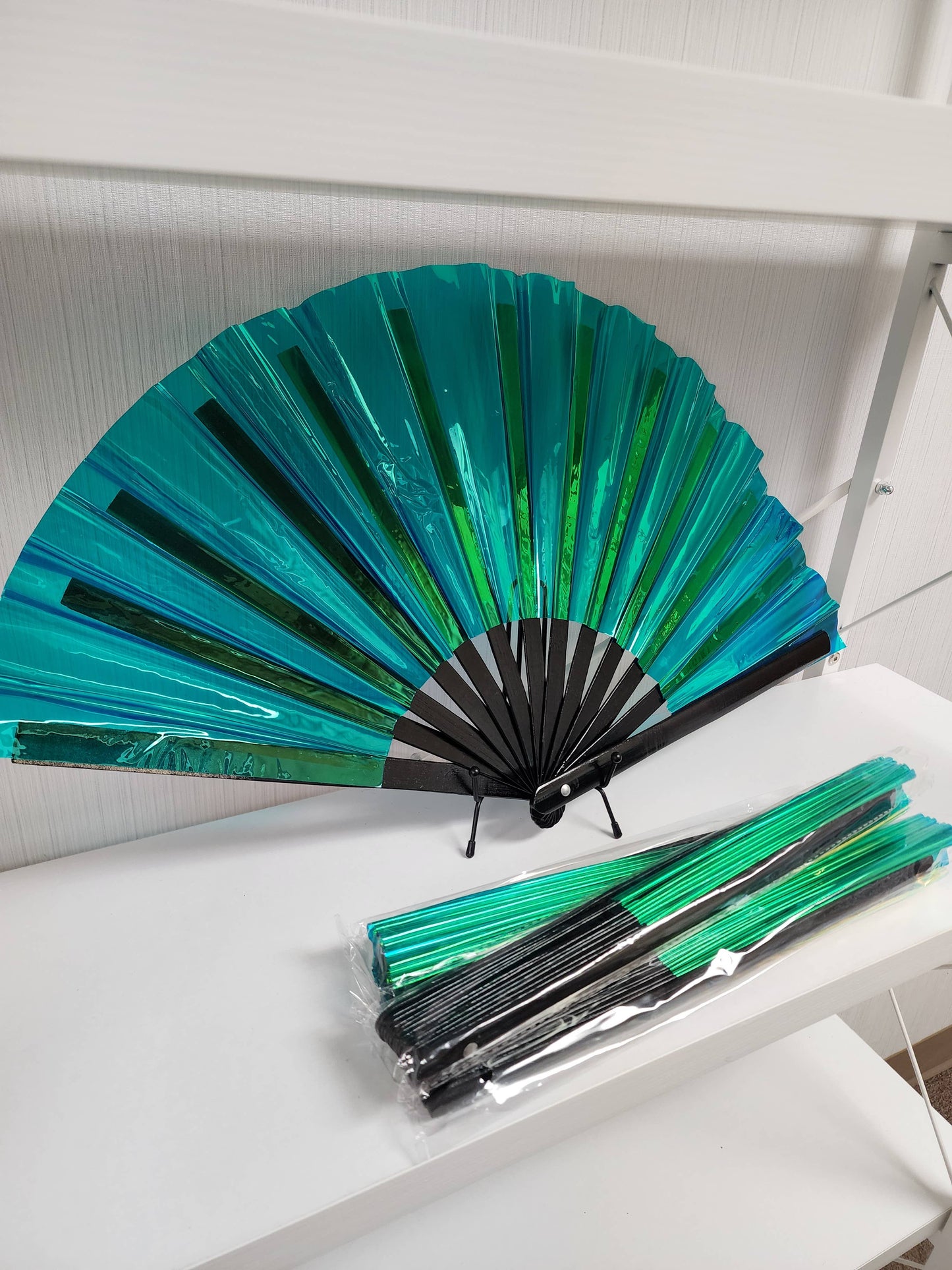 Aqua Holo Iridescent Folding Fan