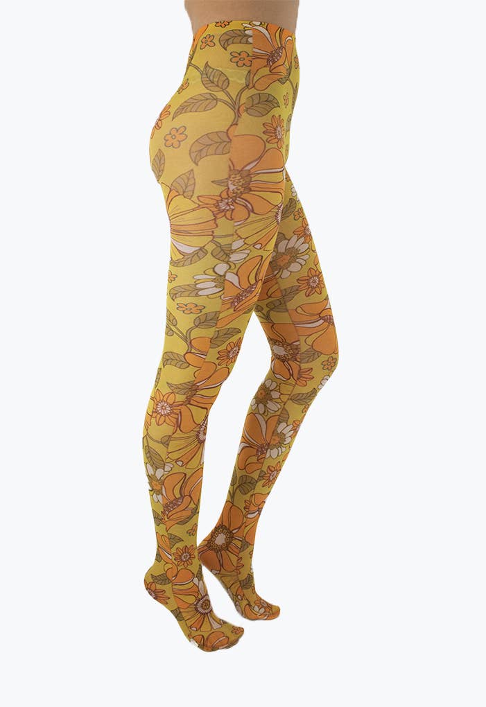 Throwback Floral Printed Tights Mustard