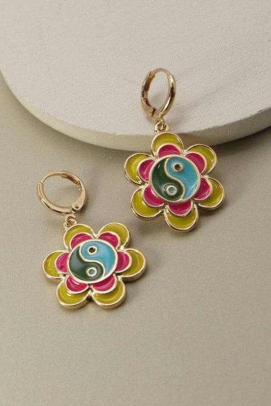 Ying Yang Flower Huggie Earrings
