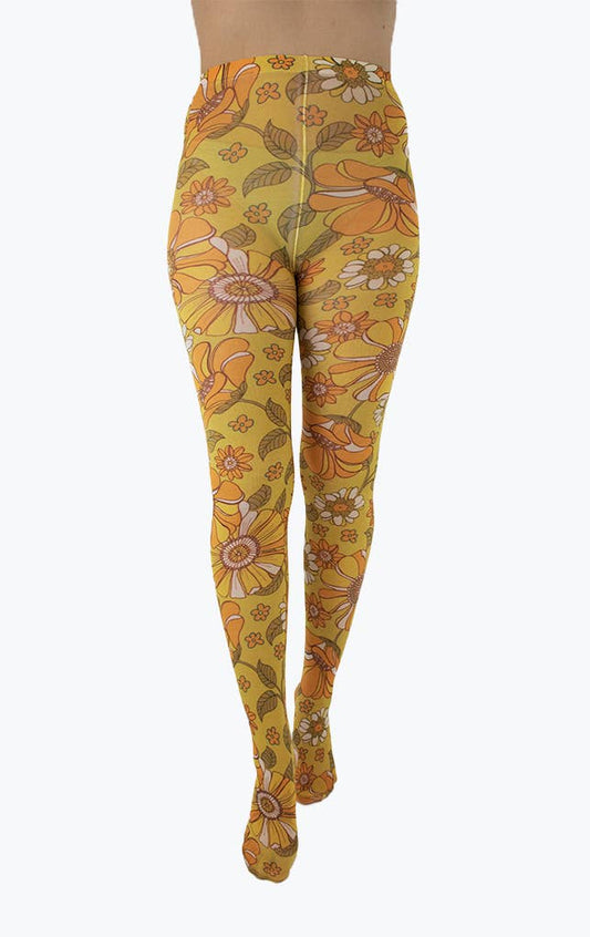 Throwback Floral Printed Tights Mustard