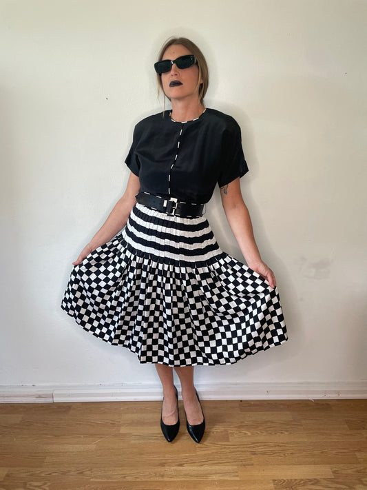 100% Silk Checkered Flag 80s Dress