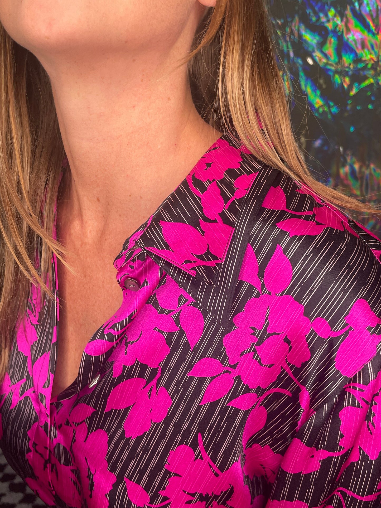 100% Silk Pinstripe & Magenta Floral Blouse