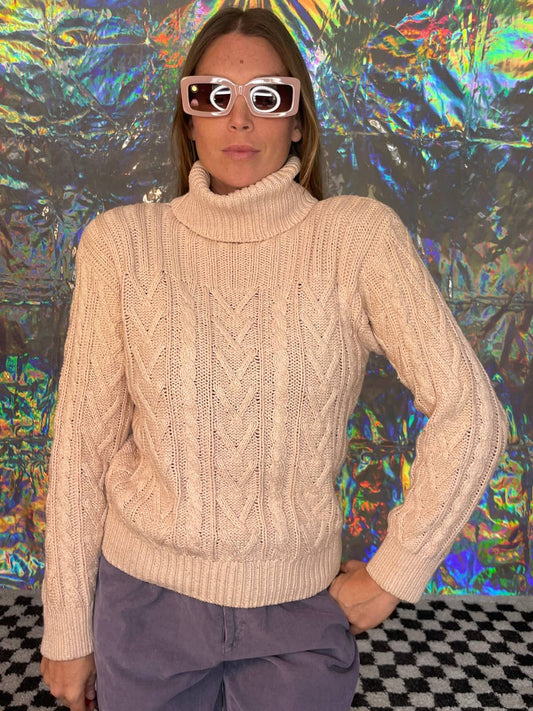80s Pale Pink Cotton & Silk Knit Turtleneck