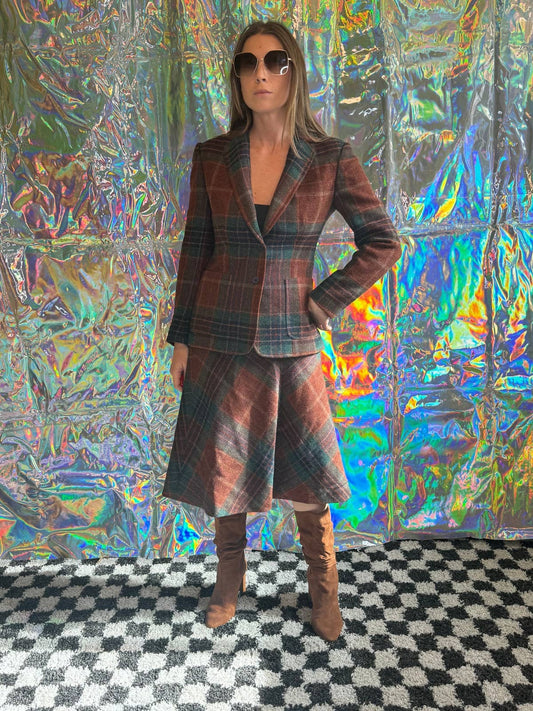 60s Plaid Wool Blazer and Skirt Suit Set